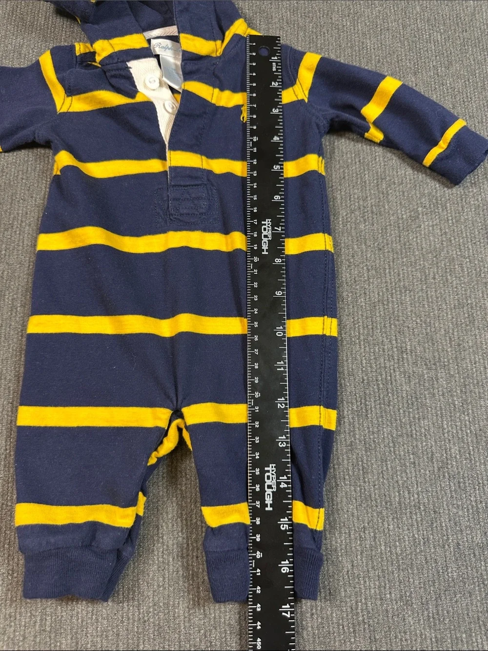 Ralph Lauren Baby Romper One-Piece Hooded Rugby Navy Yellow Stripe Size 3 Months